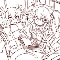  2girls :d book commentary_request crown hair_ornament hitotose_rin looking_at_viewer memento_(sennen_sensou_aigis) mini_crown monochrome multiple_girls open_mouth photoshop_(medium) sennen_sensou_aigis sitting skull_hair_ornament smile sybilla twintails 