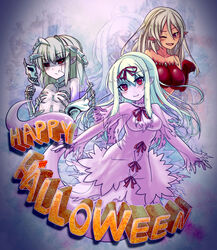  3girls bad_id bad_pixiv_id bare_shoulders blood blue_hair blush bone bow breasts colored_skin dark-skinned_female dark_skin detached_sleeves dress earrings elbow_gloves ghost ghost_(monster_girl_encyclopedia) ghost_tail ghoul ghoul_(monster_girl_encyclopedia) gloves grey_hair hair_ribbon hairbow halloween happy_halloween jewelry long_hair mask monster_girl monster_girl_encyclopedia multiple_girls photoshop_(medium) pointy_ears purple_eyes purple_skin red_eyes ribbon skeleton skeleton_(monster_girl_encyclopedia) small_breasts smile sud_(sudea) torn_clothes torn_dress unworn_mask white_hair white_skin zombie 