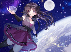  :o ass_visible_through_thighs asymmetrical_clothes black_bow black_hair black_ribbon black_thighhighs bow bowl choker commentary detached_sleeves dress earth_(planet) female floating floating_hair full_moon gem glass hairbow holding long_hair moon original pearl_(gemstone) planet purple_dress purple_eyes ribbon see-through single_sleeve solo space star_(symbol) symbol-only_commentary thighhighs wataru_kuri wrist_cuffs zettai_ryouiki 