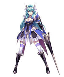  agarest_senki_(series) agarest_senki_2 aqua_hair armor boots breasts cleavage cleavage_cutout clothing_cutout detached_sleeves dress fantasy female garter_straps gimp_(medium) hairband head_wings hirano_katsuyuki jewelry knee_boots lace lace-trimmed_legwear lace_trim lance long_hair lowres medium_breasts official_art pendant pleated_skirt polearm purple_eyes short_dress simple_background skirt solo standing thighhighs valkyrie very_long_hair victoria_(agarest_senki) weapon white_thighhighs wings 