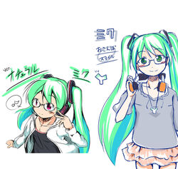  bespectacled blush commentary_request female glasses green_eyes green_hair hatsune_miku headphones long_hair looking_at_viewer musical_note natural_(module) osanpo_style_(module) photoshop_(medium) project_diva_(series) project_diva_2nd purple_eyes sch simple_background skirt smile twintails very_long_hair vocaloid white_background 