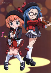  2girls asatte_no_houkou blue_hair eighth_note flute freckles glasses hat highres holding holding_flute holding_instrument instrument iokawa_karada itou_ikuko kneehighs long_hair long_sleeves multiple_girls music musical_note necktie nogami_shouko open_mouth photoshop_(medium) plaid plaid_skirt playing_instrument recorder red_hair short_hair skirt socks translation_request violin 