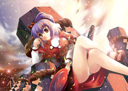  anklet commentary_request crossed_legs female jewelry legs panties photoshop_(medium) purple_hair red_eyes rope sandals short_hair sitting solo touhou underwear usuusu yasaka_kanako 