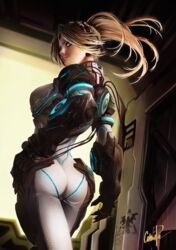  ass blonde_hair bodysuit commentary english_commentary female from_behind ghost_(starcraft) goggles goggles_on_head hand_on_own_hip neon_trim nova_(starcraft) paolo_antonio_aguasin solo starcraft terran 