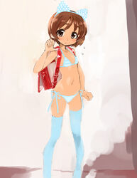  animal_ears backpack bad_id bad_pixiv_id bag bikini brown_eyes brown_hair cat_ears original randoseru short_hair standing swimsuit thighhighs typehatena 