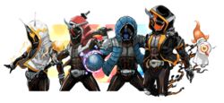  4boys armor commentary_request edison_damashii eyecon ghost_driver highres hood hooded_jacket jacket kamen_rider kamen_rider_ghost kamen_rider_ghost_(series) multiple_boys musashi_damashii newton_damashii ore_damashii rider_belt sword takane_(lovehatsune) weapon yurusen 