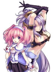  2girls agarest_senki_(series) agarest_senki_2 armband arms_up back-to-back belt belt_bra blush bondage bondage bound bow breasts capelet chains chair cleavage collar crop_top detached_sleeves dress elbow_gloves elf eva_(agarest_senki) fiona_(agarest_senki) flat_chest frills gloves grey_hair hair_ornament hairband hirano_katsuyuki large_breasts leash long_hair midriff multiple_girls official_art open_mouth pink_hair pointy_ears ponytail purple_eyes purple_hair ribbon short_dress simple_background slave standing strap twintails very_long_hair 