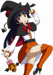  black_hair cape commentary_request female gokou_ruri halloween highres jack-o&#039;-lantern kadomaki_shinnosuke long_hair md5_mismatch ore_no_imouto_ga_konna_ni_kawaii_wake_ga_nai red_eyes solo striped_clothes striped_thighhighs thighhighs vertical-striped_clothes vertical-striped_thighhighs wand 