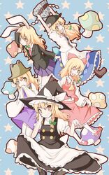  blonde_hair commentary_request cosplay daigorou female hakurei_reimu hakurei_reimu_(cosplay) hat highres hinanawi_tenshi hinanawi_tenshi_(cosplay) kirisame_marisa moriya_suwako moriya_suwako_(cosplay) new_super_marisa_land reisen_udongein_inaba reisen_udongein_inaba_(cosplay) ribbon touhou 