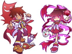  1boy armor armored_dress bare_legs brown_hair cape commentary_request doppelganger_arle female full_body gem glasses kawamochi_(mocchii) klug_(puyopuyo) mask official_style pants pink_eyes purple_skirt puyopuyo puyopuyo_fever puyopuyo~n red_cape red_eyes shoes short_hair skirt smile standing standing_on_one_leg strange_klug trait_connection transparent_background wrist_cuffs 