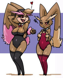  5_fingers accessory angry anthro anthrofied big_breasts biped bittenhard blush bow_(feature) bow_tie breast_envy breast_size_difference breasts bunny_costume clothed clothing costume duo female fingers flat_chested footwear full-length_portrait generation_4_pokemon hair_accessory hairband heart_symbol lagomorph legwear leotard lolicon long_ears looking_at_another looking_at_another&#039;s_breasts looking_at_breasts lopunny mammal mature_anthro mature_female mother_(lore) nintendo one_eye_closed parent_(lore) pokemon pokemon_(species) pokemorph portrait red_eyes scut_tail shirt_collar shoes short_tail smile stockings strapless_clothing strapless_leotard tail thigh_high_stockings wide_hips wink young young_anthro 