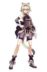  agarest_senki_(series) agarest_senki_2 animal_ears beads belt blonde_hair boots breasts cat_ears cat_tail crop_top detached_sleeves felenne_(agarest_senki) female fingerless_gloves fishnets full_body gimp_(medium) gloves grey_eyes hairband hand_on_own_hip hirano_katsuyuki legs lowres medium_breasts navel official_art see-through shiny_clothes short_hair simple_background smile solo standing strap tail underboob 