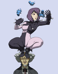  1boy aramaki_daisuke black_bodysuit bodysuit drawfag facial_hair female ghost_in_the_shell ghost_in_the_shell_stand_alone_complex grey_hair harlequin imageboard_colors imageboard_desourced juggling kusanagi_motoko non-web_source photoshop_(medium) purple_bodysuit purple_hair red_eyes short_hair tachikoma 