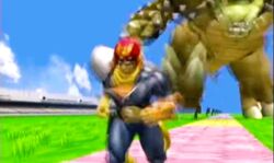  2006 2boys 3d animated animated bowser captain_falcon chasing collar f-zero giant giga_bowser gloves helmet horns koopa lizard male_focus multiple_boys nintendo red_eyes red_hair running scarf shell shoulder_pad shoulder_pads spiked_collar stadium suit super_mario_bros. super_smash_bros. turtle visor 