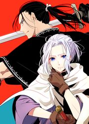  2boys arslan arslan_senki black_hair blue_eyes cape commentary_request daryoon gloves long_hair male_focus multiple_boys nmunco ponytail purple_eyes sword weapon white_hair 