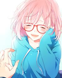  blush closed_eyes commentary_request female glasses holding_hands hood hoodie kuriyama_mirai kyoukai_no_kanata nmunco open_mouth out_of_frame pink_hair pov pov_hands red-framed_eyewear short_hair smile solo_focus tears 