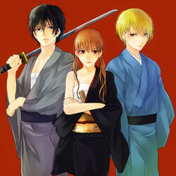  2boys black_hair blonde_hair brown_eyes brown_hair commentary_request female hadanugi_dousa japanese_clothes kanameyura katana kimono long_hair low_twintails mizutani_shizuku multiple_boys open_clothes open_kimono photoshop_(medium) sarashi short_hair sword tonari_no_kaibutsu-kun twintails wakizashi weapon yamaguchi_kenji yoshida_haru 