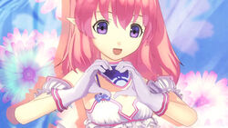  :d agarest_senki_(series) agarest_senki_2 arm_garter bikini bikini_top_only choker close-up elf female fiona_(agarest_senki) flat_chest flower frills game_cg gloves heart heart_hands hirano_katsuyuki official_art open_mouth photoshop_(medium) pink_hair pointy_ears purple_eyes smile solo swimsuit 