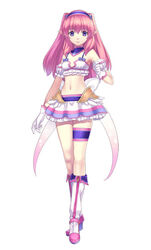  agarest_senki_(series) agarest_senki_2 arm_garter bikini bikini_top_only boots choker crop_top elf fantasy female fiona_(agarest_senki) flat_chest frills full_body gimp_(medium) gloves gradient hairband high_heels hirano_katsuyuki knee_boots legs long_hair lowres midriff navel official_art pink_hair pleated_skirt pointy_ears purple_eyes ribbon shoes simple_background skirt smile solo standing swimsuit thigh_strap twintails wide_hips 