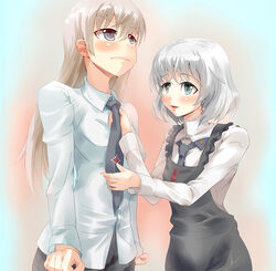  2girls adjusting_clothes adjusting_necktie apron blonde_hair blue_eyes commentary_request dressing_another eila_ilmatar_juutilainen green_eyes grey_hair hiroaki_(hiropon_pj) long_hair multiple_girls necktie sanya_v._litvyak short_hair strike_witches world_witches_series yuri 