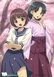  2girls absurdres black_eyes black_hair bob_cut brown_eyes brown_hair cherry_blossoms hair_ornament hairclip highres japanese_clothes koutaro long_hair multiple_girls open_mouth petals school_uniform short_hair stretching suzukawa_koume taishou_yakyuu_musume tsukubae_shizuka 