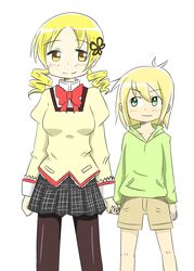  1boy blonde_hair blush commentary_request crossover drill_hair female green_eyes highres holding_hands long_hair long_sleeves lyrical_nanoha mahou_shoujo_lyrical_nanoha mahou_shoujo_madoka_magica mahou_shoujo_madoka_magica_(anime) mitakihara_school_uniform mizuhashi_kaori nann_tou pantyhose red_ribbon ribbon school_uniform short_hair shorts skirt smile tomoe_mami voice_actor_connection white_background yellow_eyes yuuno_scrya 