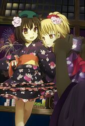  3girls aerial_fireworks alternate_hairstyle animal_ears bad_id bad_pixiv_id blonde_hair brown_hair camera cat_ears chen fireworks flower hair_flower hair_ornament hat hidebo japanese_clothes kimono multiple_girls no_headwear touhou yakumo_ran yakumo_yukari 