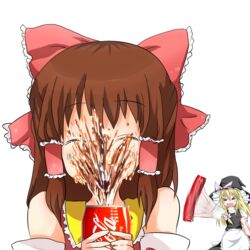  &gt;_&lt; 2girls :d apron bare_shoulders blush bow brown_hair can closed_eyes coca-cola commentary_request cookie_(touhou) detached_sleeves drink_can fist_pump hair_ribbon hair_tubes hairbow hakurei_reimu hat kirisame_marisa large_bow long_hair motion_blur multiple_girls open_mouth otemoto_(baaaaloooo) prank reu_(cookie) ribbon smile soda soda_can spraying touhou trembling uzuki_(cookie) witch_hat xd 