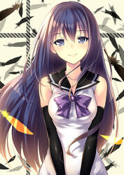  blue_eyes blue_hair blush bow breasts collarbone commentary_request feathers female gokukoku_no_brynhildr kanata_(kanata_onion) kuroha_neko long_hair looking_at_viewer medium_breasts photoshop_(medium) sailor_collar sleeveless smile solo 