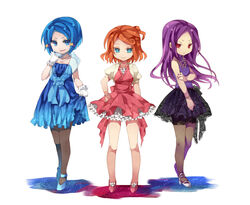  3girls bad_id bad_pixiv_id blue_eyes blue_hair dress fishnet_pantyhose fishnets formal hair_ornament hairclip hasuike_an inazuma_eleven inazuma_eleven_(series) kotoko_(oxxxo) kurakake_clara legs long_hair multiple_girls orange_hair pantyhose purple_hair red_eyes short_hair touchi_ai 