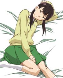  bad_id bad_pixiv_id bed black_hair brown_eyes female long_hair lying original sawa_jaaji skirt socks solo sweater twintails 