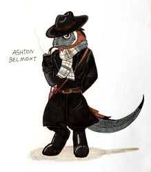  absurd_res anthro ashton_belmont_(glury_the_unown) black_body black_feathers boots brown_body brown_eyes brown_feathers clothing coat detective dinosaur extinct facial_hair feathered_dinosaur feathered_scalie feathers footwear glury_the_unown goatee hat headgear headwear hi_res journal kulindadromeus looking_at_viewer male multicolored_body multicolored_feathers pipe prehistoric_species reptile scales scalie scarf smoke smoking_pipe smoking_tobacco solo topwear white_body white_feathers 