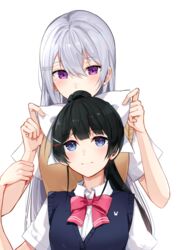  2girls alternate_hairstyle black_eyes black_hair bow bowtie cardigan_vest commentary_request hair_ribbon higuchi_kaede higuchi_kaede_(3rd_costume) long_hair mole mole_under_eye multiple_girls nijisanji ponytail purple_eyes ribbon school_uniform short_sleeves simple_background smile tsukino_mito tsukino_mito_(3rd_costume) tying_hair virtual_youtuber white_background white_hair zyenokana 