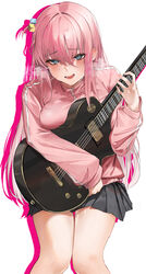  @_@ absurdres black_skirt blue_eyes blush bocchi_the_rock! breast_press breasts commentary cube_hair_ornament electric_guitar female gibson_les_paul gotoh_hitori guitar hair_ornament highres holding holding_instrument instrument jacket long_hair long_sleeves looking_at_viewer medium_breasts mookie_(e_mook9) open_mouth pink_hair pink_jacket simple_background skirt smile solo standing sweat thighs track_jacket wavy_mouth white_background zipper 