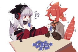  !? 2girls ahoge animal_ears arknights bare_shoulders blush capelet card commentary_request fox_ears fox_tail frostleaf_(arknights) glasses green_eyes grey_capelet grey_choker grey_hair grey_shirt headphones highres holding holding_card jacket long_hair long_sleeves looking_at_another multiple_girls myrrh_(arknights) nail_polish off-shoulder_shirt off_shoulder parted_lips partial_commentary red_eyes red_hair red_jacket red_nails ryu_(17569823) shirt simple_background tail white_background 