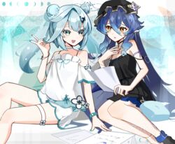  2girls :d bag bare_legs bare_shoulders black_dress blue_bracelet blue_eyes blue_hair blue_nails blush bracelet breasts choker collarbone double_bun dress faruzan_(genshin_impact) feet_out_of_frame frilled_shirt frills from_side genshin_impact gradient_hair green_eyes hair_bun hair_ornament hand_on_own_chest handbag hat heart heterochromia holding holding_paper jewelry layla_(genshin_impact) legs_together letter long_bangs looking_at_another mob_cap multicolored_hair multiple_girls nail_polish off-shoulder_shirt off_shoulder open_mouth orange_eyes paper raised_eyebrows shirt short_dress sidelocks sitting small_breasts smile sundress symbol-shaped_pupils thigh_strap triangle-shaped_pupils twintails utori_(tanakautori) white_choker white_shirt x_hair_ornament 