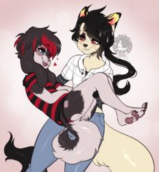  anthro black_body black_fur black_hair bottomwear canid canine canis carrying_another carrying_partner clothing crossed_legs denim denim_bottomwear denim_clothing domestic_cat domestic_dog duo fangs felid feline felis femboy flannel_shirt fur hair half-closed_eyes heart_symbol highlights_(coloring) jeans long_hair male mammal moucchiato moucchiato_(character) narrowed_eyes open_mouth open_smile pants pawpads paws pink_pawpads red_highlights shirt simple_background smile t-shirt tail tan_body tan_fur teeth thong topwear underwear white_background white_body white_fur 