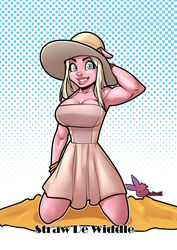  anthro athletic athletic_anthro athletic_female blonde_hair blue_eyes bracelet breasts cleavage clothed clothing dewiddle_sisters digital_media_(artwork) domestic_pig dress female floppy_ears hair hand_behind_head hat headgear headwear hi_res jewelry kneeling long_hair looking_at_viewer mammal rabies_t_lagomorph simple_background smile solo straw_de_widdle straw_hat suid suina sun_hat sus_(pig) 