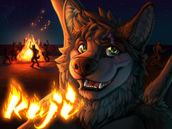  4:3 anthro badge bonfire canid canine canis dragon fire fluke fur green_eyes group hybrid kaji_aldewolf looking_at_viewer mammal mythological_creature mythological_scalie mythology night scalie sky solo_focus star starry_sky tail teeth wolf 