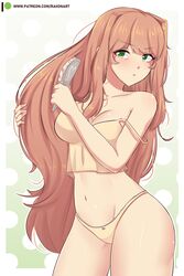  :t absurdres artist_name babydoll bare_shoulders breasts brown_hair brushing_hair brushing_own_hair camisole cleavage collarbone commentary cowboy_shot doki_doki_literature_club english_commentary female green_eyes groin hair_brush hair_down highres large_breasts long_hair looking_at_viewer monika_(doki_doki_literature_club) navel panties patreon_username pout raion_(raionart) simple_background solo spaghetti_strap stomach strap_slip underwear underwear_only very_long_hair yellow_camisole yellow_panties 