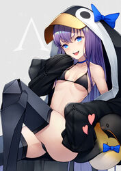  animal_hood bangs banned_artist bare_shoulders bikini bird black_bikini black_jacket blue_bow blue_eyes blush bow breasts choker collarbone fate/grand_order fate_(series) female greaves heart hood hood_up jacket kyoeiki long_hair long_sleeves looking_at_viewer meltryllis meltryllis_(swimsuit_lancer)_(fate) open_clothes open_jacket open_mouth penguin penguin_hood purple_hair sitting sleeves_past_fingers sleeves_past_wrists small_breasts smile solo swimsuit thighs 