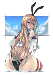  anchor_hair_ornament ass black_hairband black_panties blonde_hair commentary_request crop_top elbow_gloves female from_behind futami_kazuha gloves grey_eyes hair_ornament hairband highleg highleg_panties highres kantai_collection long_hair panties partial_commentary sailor_collar school_uniform serafuku shimakaze_(kancolle) sitting solo striped_clothes striped_thighhighs thighhighs thong underwear white_gloves 