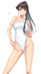  armband bare_shoulders black_hair blush breasts brown_eyes collarbone contrapposto female hands_on_own_hips high_ponytail highres komi-san_wa_komyushou_desu komi_shouko long_hair looking_at_viewer looking_down medium_breasts mitsugu one-piece_swimsuit parted_lips race_queen signature simple_background single-shoulder_one-piece_swimsuit single_strap skindentation solo swimsuit white_background white_one-piece_swimsuit 