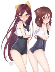  2girls angry bow brown_hair cosplay cowboy_shot crop_top drill_hair embarrassed hairbow harukaze_(kancolle) highres i-14_(kancolle) i-14_(kancolle)_(cosplay) kamikaze_(kancolle) kantai_collection kinsenka_momi long_hair multiple_girls one-piece_swimsuit open_mouth purple_eyes purple_hair red_bow red_eyes ro-500_(kancolle) ro-500_(kancolle)_(cosplay) school_swimsuit simple_background swimsuit teeth twin_drills upper_teeth_only white_background yellow_bow 