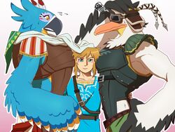  4:3 anthro avian beak biceps bird blonde_hair blue_body blue_eyes blue_feathers blush breath_of_the_wild embarrassed eyewear feathers goggles group hair hi_res humanoid hylian kass_(tloz) link male male/male manwiched nintendo parrot pecs pelecaniform pelican penn_(tloz) ppaljang rito scarf size_difference tears_of_the_kingdom the_legend_of_zelda trio white_body white_feathers yellow_eyes 