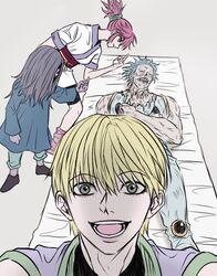  3boys blonde_hair blue_eyes clenched_teeth closed_eyes commentary_request crossed_arms death female grey_hair hair_over_one_eye highres hisoka_morow hunter_x_hunter kann_55 korutopi long_hair machi_komacine meme middle_finger multiple_boys on_floor open_mouth pink_hair selfie shalnark short_hair smile spoilers teeth 