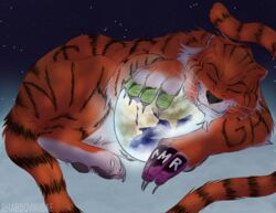  absurd_res ambiguous_gender ben_garrison_(copyright) claws conditional_dnp earth felid feral foot_on_planet fur globe hi_res holding_planet macro mammal orange_body orange_fur pantherine pawpads planet solo stripes syringe terra_macro tiger wolftacos 