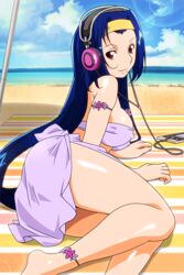  anklet arm_strap asahina_natsuki barefoot beach beach_umbrella blanket blue_hair breasts cellphone covered_nipples day female hairband headphones jewelry large_breasts lens_flare long_hair looking_at_viewer lying mole mole_under_mouth non-web_source on_side outdoors phone red_eyes sarong smile solo super_real_mahjong swimsuit tanaka_ryou umbrella 