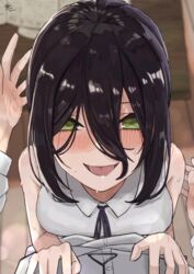  1boy absurdres after_kiss black_hair black_ribbon blurry blurry_background blush breasts chainsaw_man collared_shirt commentary denji_(chainsaw_man) female from_above green_eyes hair_between_eyes hand_blush highres looking_at_viewer medium_breasts neck_ribbon open_mouth pov reze_(chainsaw_man) ribbon saliva saliva_trail shirt short_hair signature sleeveless sleeveless_shirt smile solo_focus straight sweat tare_negima tongue tongue_out upper_body white_shirt 