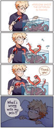  ?! aquarium arthropod bed bedding blanket blonde_hair bodily_fluids cephalopod clothed clothing coleoid confusion crab crustacean decapoda dialogue disturbed english_text eyeball feral furniture grey_hair hair hi_res human humor katsuki_bakugou lying malacostracan male mammal marine mezo_shoji mollusk my_hero_academia octopodiform on_back patting pillow shirt silver_hair solo speech_bubble suncelia sweat t-shirt tentacle text thought_bubble tongs tools topwear vivarium water what 